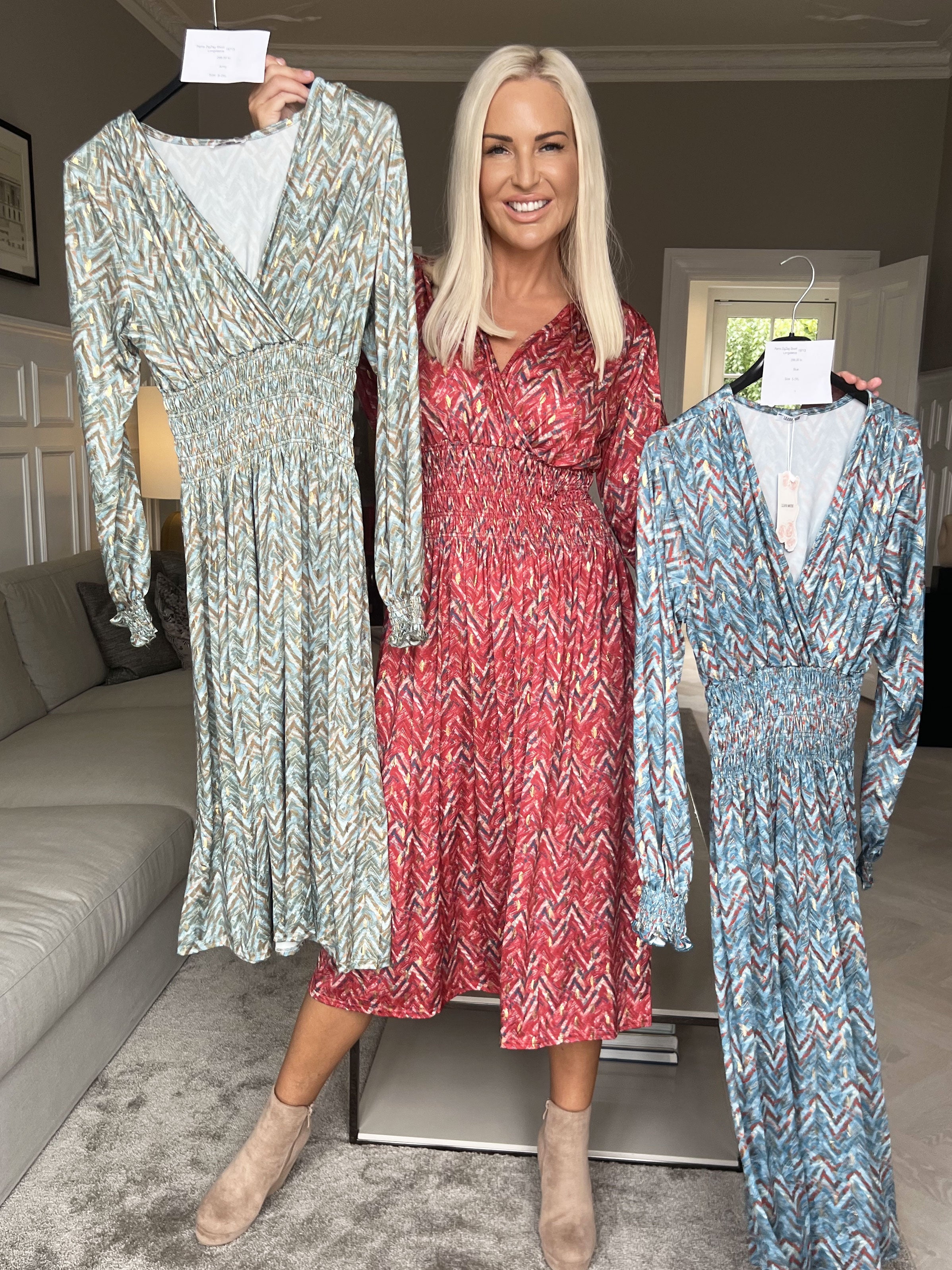 Pams ZigZag Midi L/S - Elastisk kjole i krølfrit stof med lange ærmer